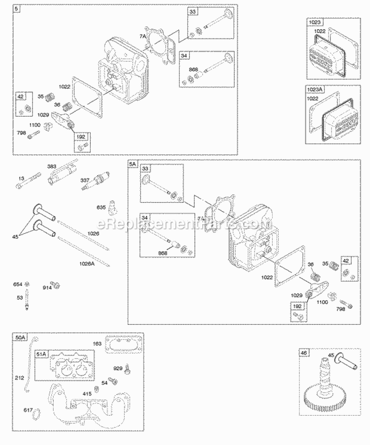Camshaft Cylinder Head Valves Diagram and Parts List for 442577-0121-E1  Briggs and Stratton Engine